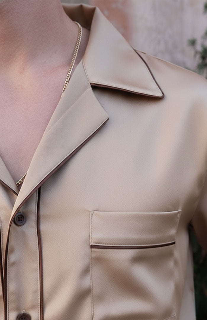 The Sicilian Gold | Beige with Brown Detailing | Satin Loungewear Set