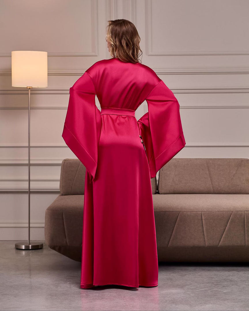 The Crimson Royale | Coral Satin Kimono Robe for Women