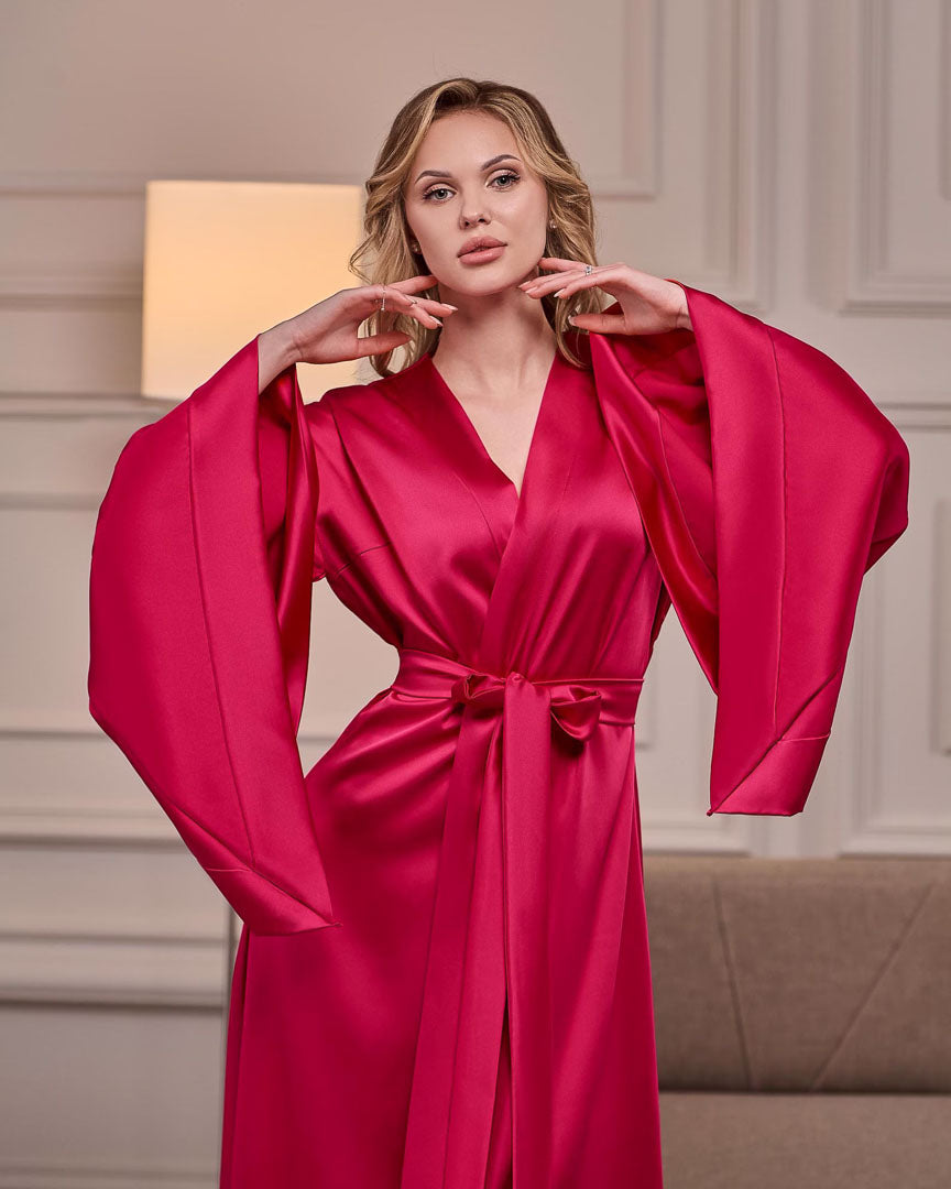 The Crimson Royale | Coral Satin Kimono Robe for Women