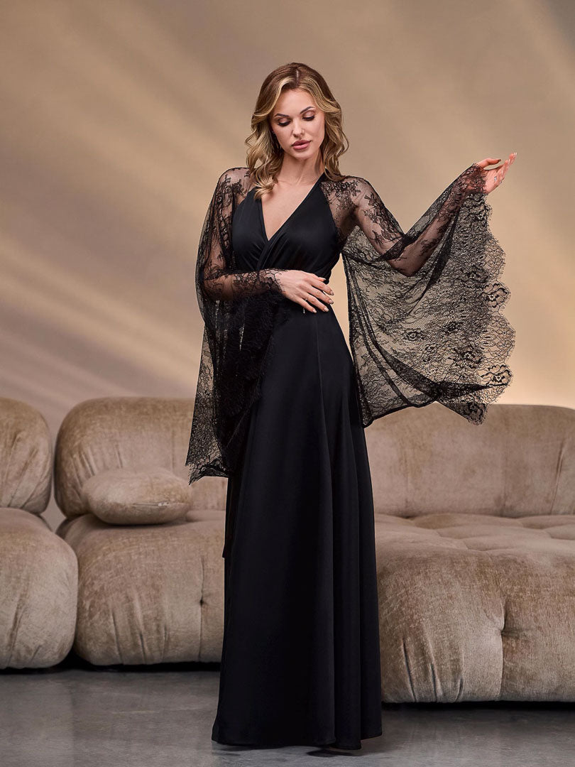 The Black Swan | Lace-Sleeve Satin Kimono Robe for Women
