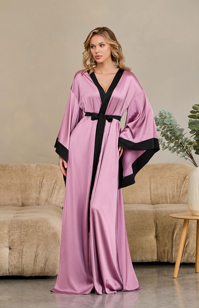 The Mauve Noir Contrast | Satin Kimono Robe for Women