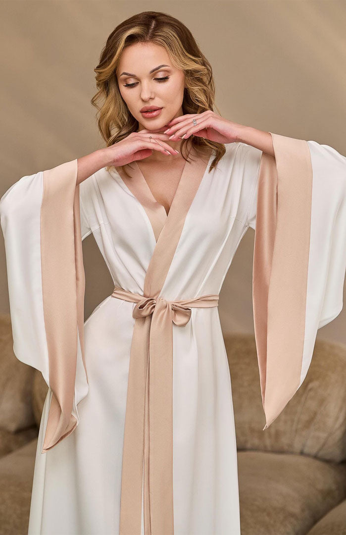 The Ivory Luxe Contrast | Satin Kimono Robe for Women