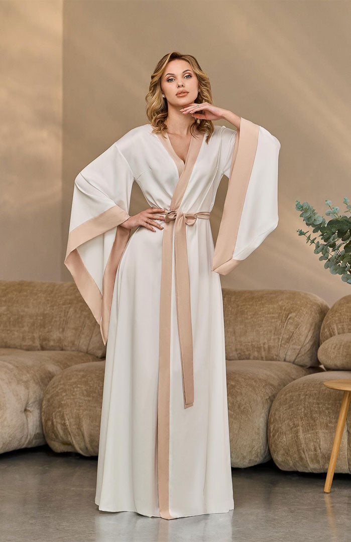 The Ivory Luxe Contrast | Satin Kimono Robe for Women