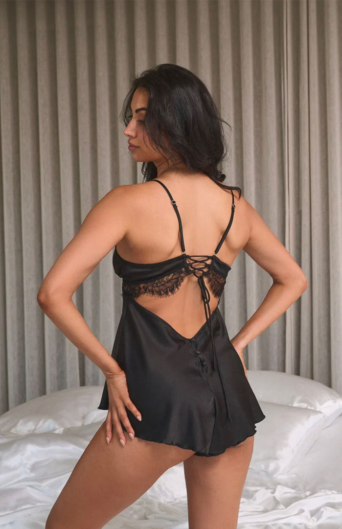 Midnight Muse – Lace Satin Babydoll Dress