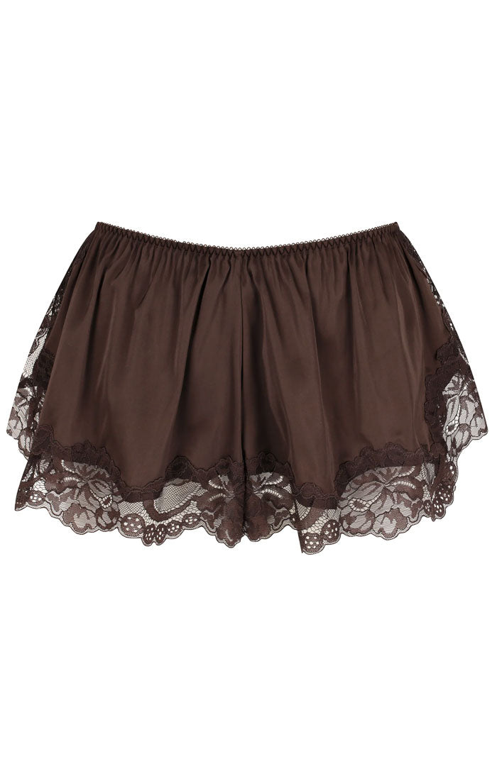 Mocha Babe | Brown Satin & Lace Short Set