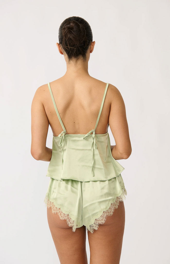 Matcha Lover | Pistachio Green Satin & Lace Short Set