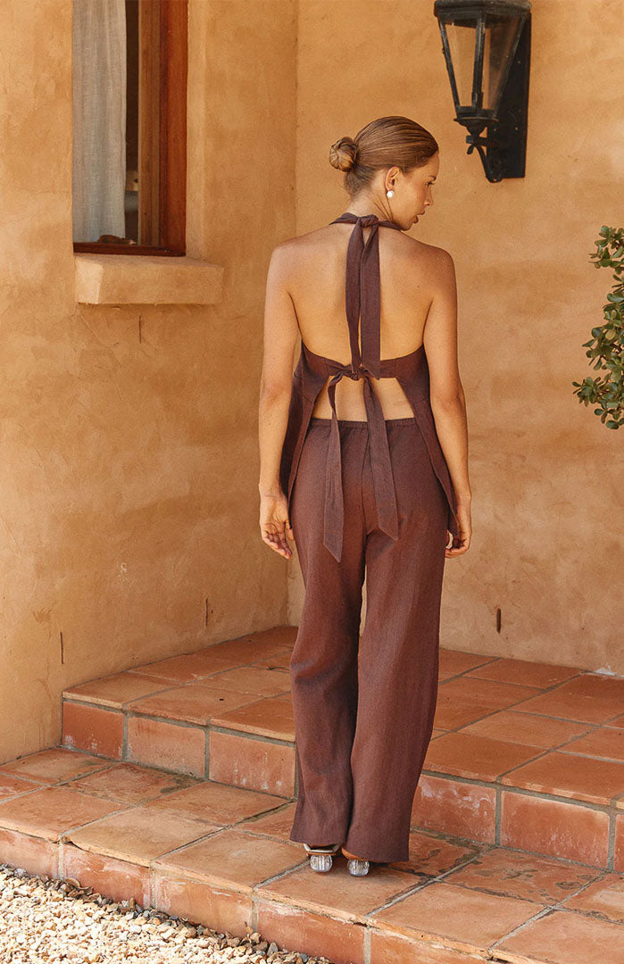 Laila Cocoa Halter Co-ord Set | Cotton Linen Blend