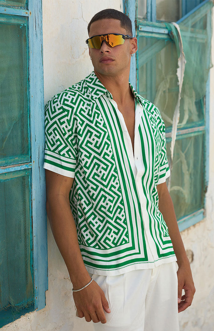 Green & White Geometric Printed Maze Satin Shirt