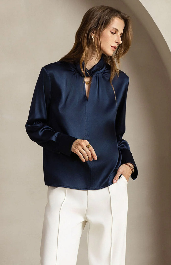 Midnight Poise | Navy Satin Designer-Neck Shirt