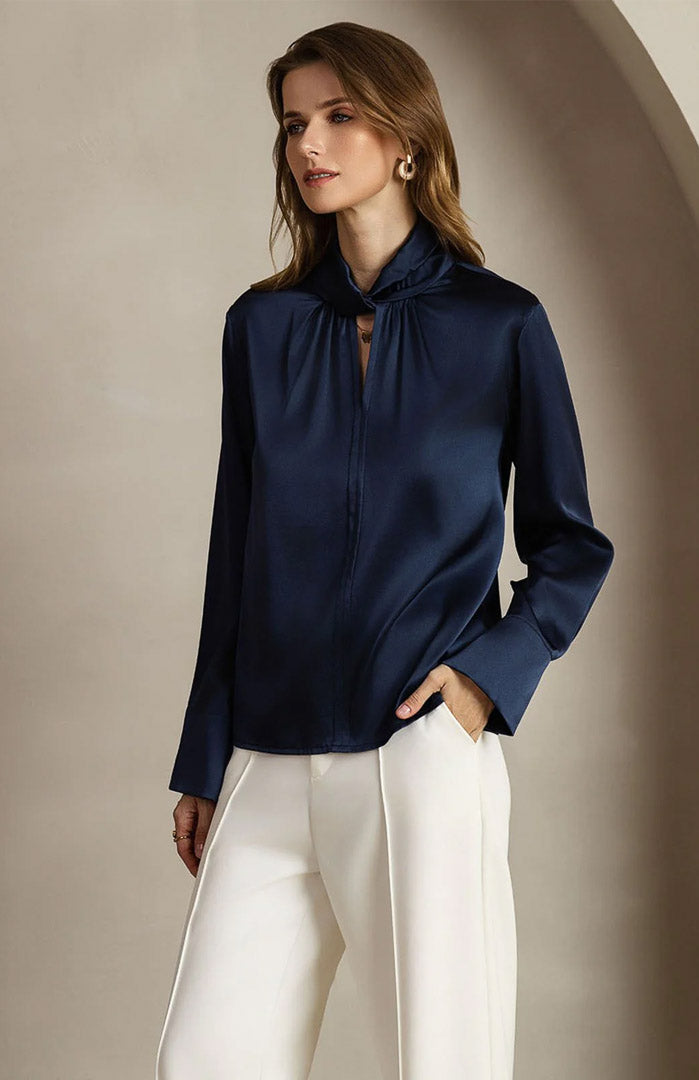 Midnight Poise | Navy Satin Designer-Neck Shirt