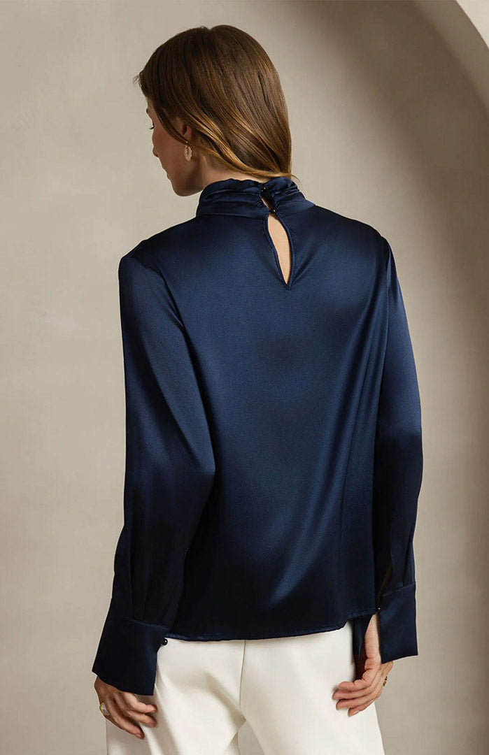 Midnight Poise | Navy Satin Designer-Neck Shirt