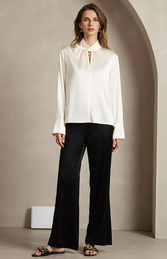 Ivory Elegance | White Satin Designer-Neck Shirt