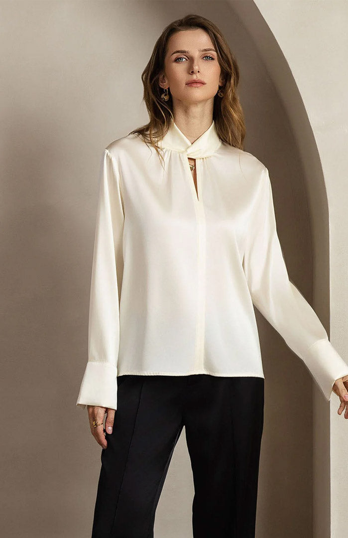 Ivory Elegance | White Satin Designer-Neck Shirt