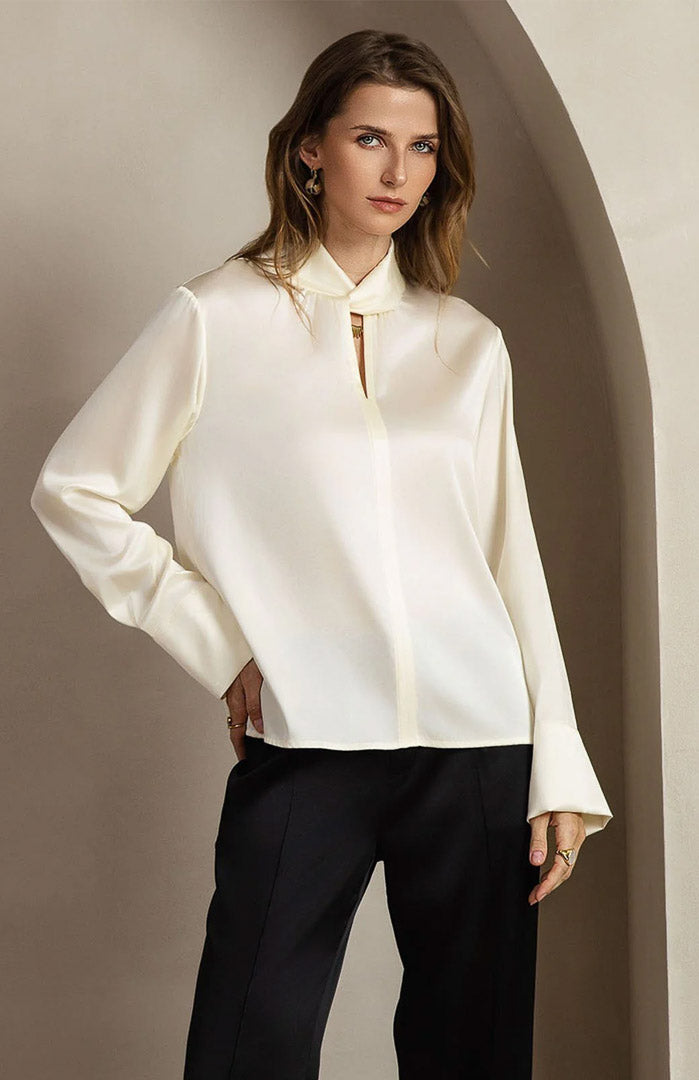 Ivory Elegance | White Satin Designer-Neck Shirt