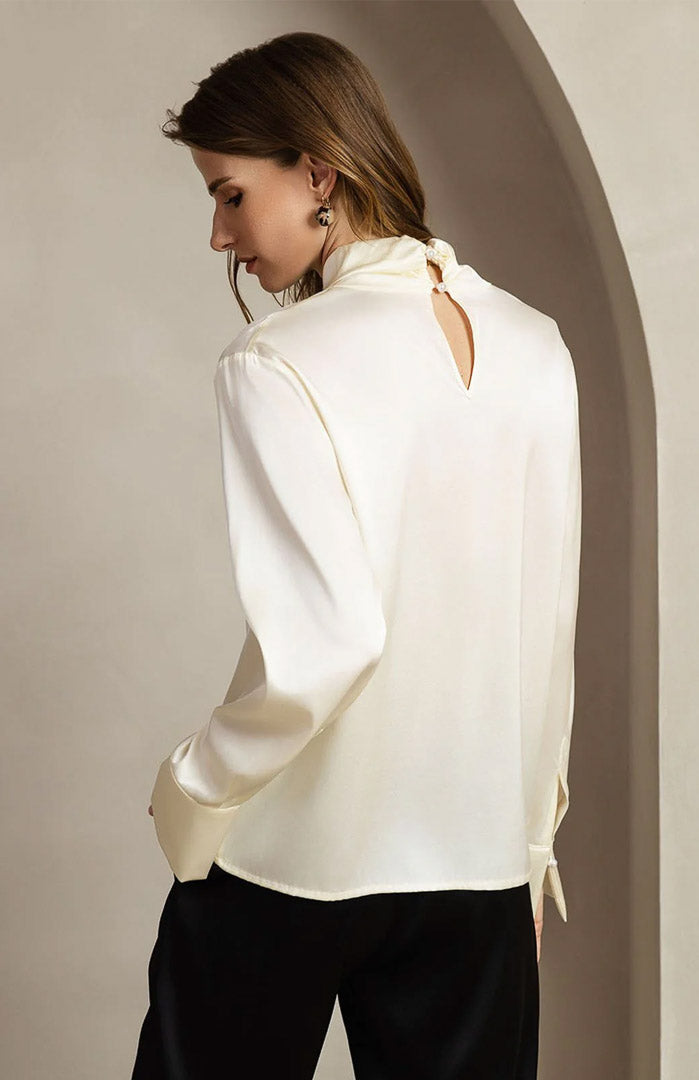 Ivory Elegance | White Satin Designer-Neck Shirt