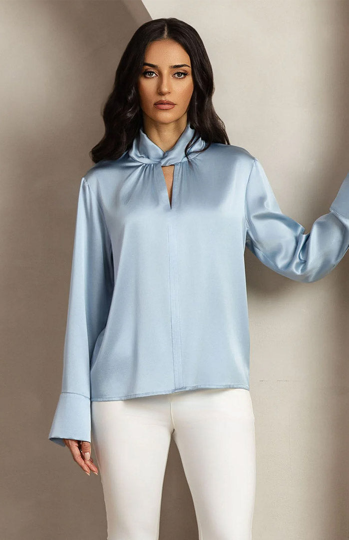 Celeste Grace | Powder Blue Satin Designer-Neck Shirt