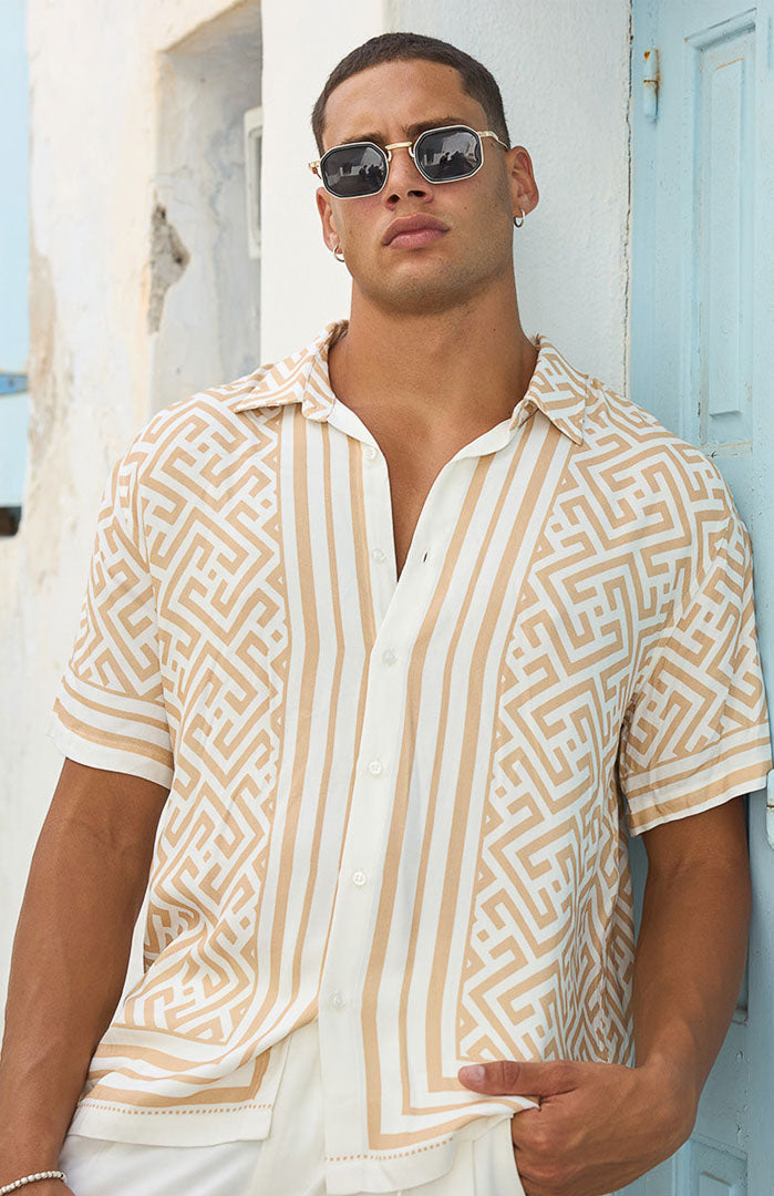 Beige & White Geometric Printed Maze Satin Shirt