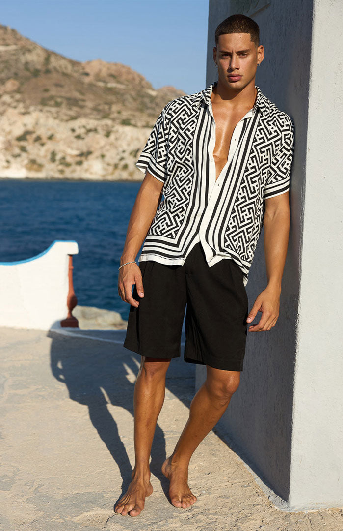 Black & White Geometric Printed Satin Shirt