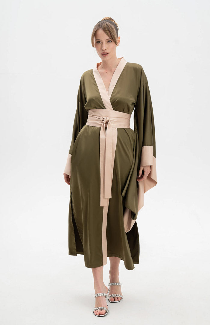 Olive Enchanté | Satin Kimono Contrast Robe with Flowing Sleeves
