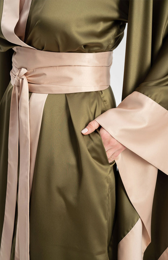 Olive Enchanté | Satin Kimono Contrast Robe with Flowing Sleeves