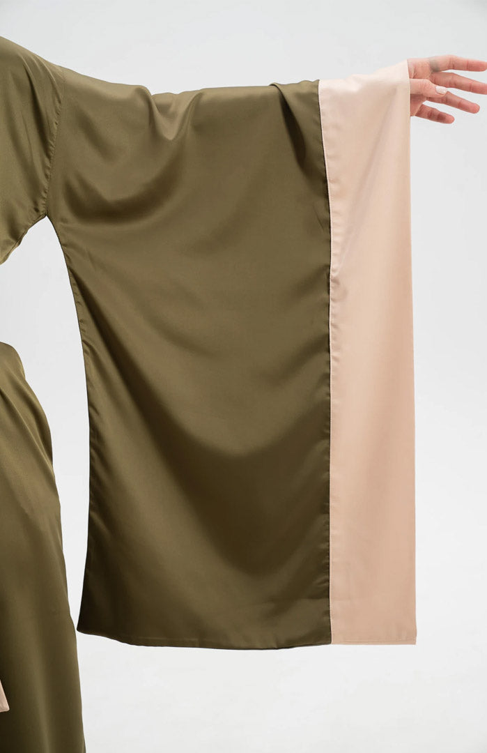 Olive Enchanté | Satin Kimono Contrast Robe with Flowing Sleeves