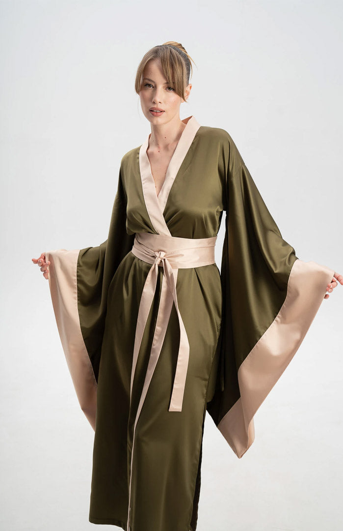 Olive Enchanté | Satin Kimono Contrast Robe with Flowing Sleeves
