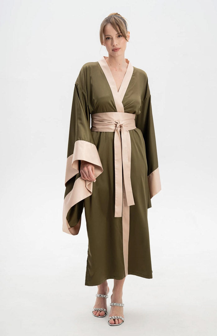 Olive Enchanté | Satin Kimono Contrast Robe with Flowing Sleeves