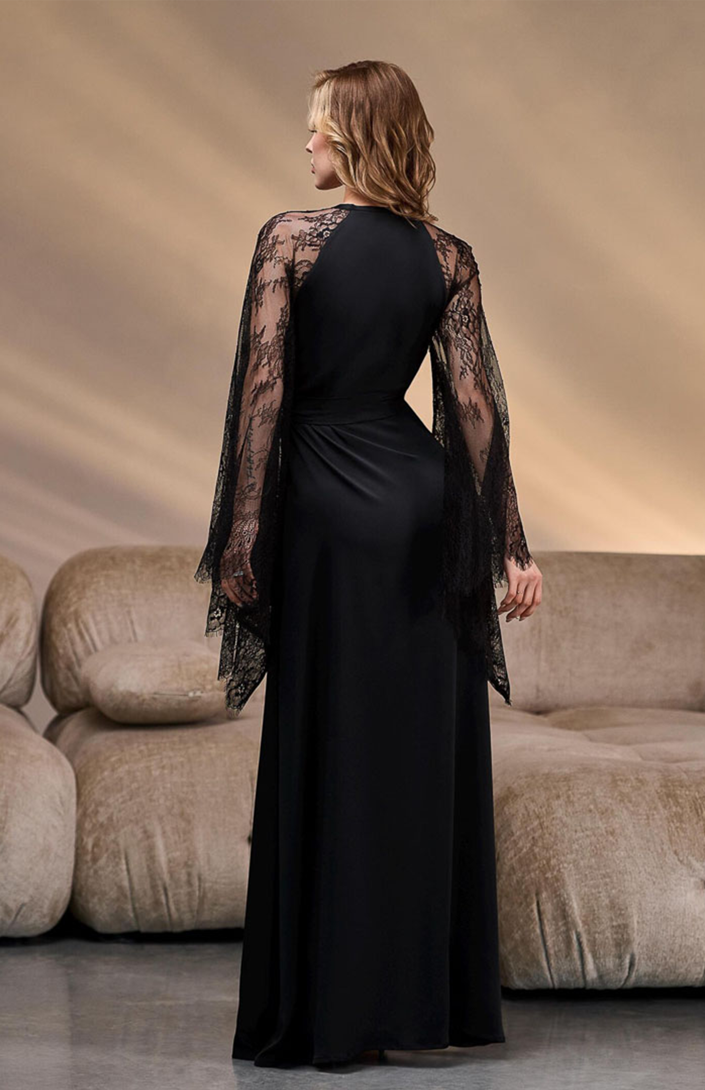 The Black Swan | Lace-Sleeve Satin Kimono Robe for Women