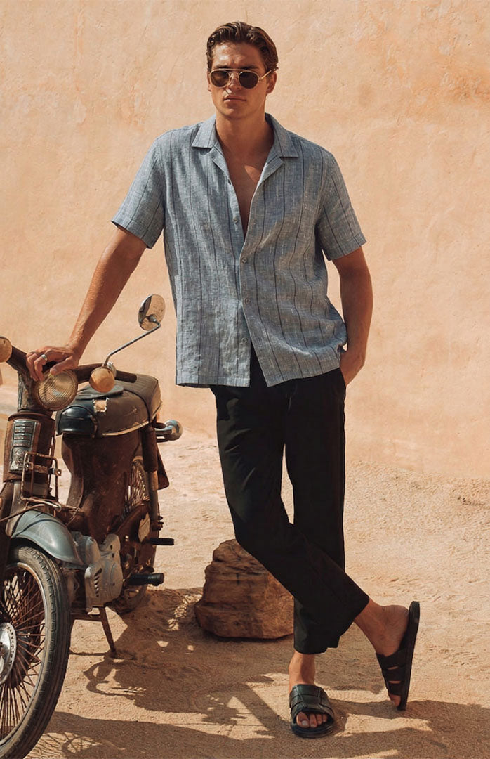Azure Coast | Blue Striped Linen Blend Resort Shirt