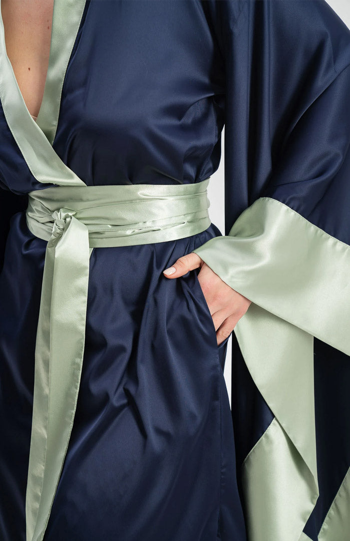 Midnight Allure | Navy Satin Kimono Robe with Sage Contrast & Flowing Sleeves