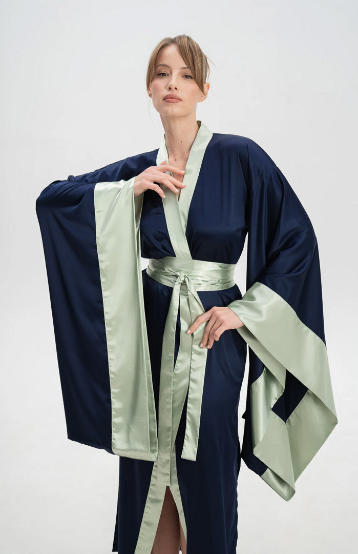 Midnight Allure | Navy Satin Kimono Robe with Sage Contrast & Flowing Sleeves