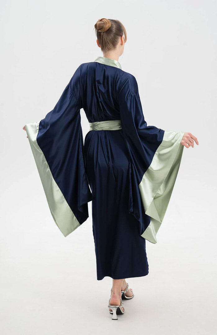 Midnight Allure | Navy Satin Kimono Robe with Sage Contrast & Flowing Sleeves