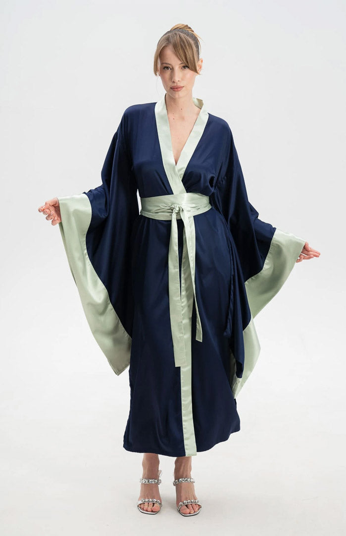 Midnight Allure | Navy Satin Kimono Robe with Sage Contrast & Flowing Sleeves