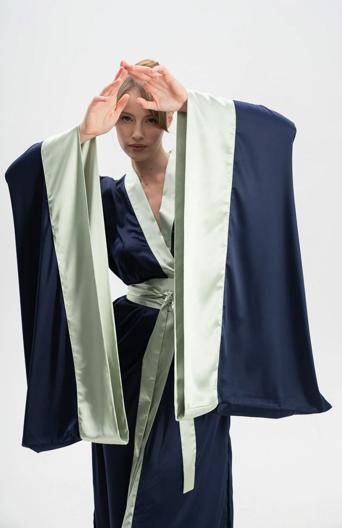 Midnight Allure | Navy Satin Kimono Robe with Sage Contrast & Flowing Sleeves