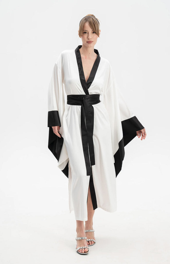 Midnight Serenity | White & Black Satin Kimono Robe with Flowing Sleeves
