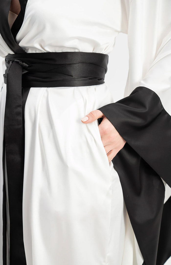 Midnight Serenity | White & Black Satin Kimono Robe with Flowing Sleeves