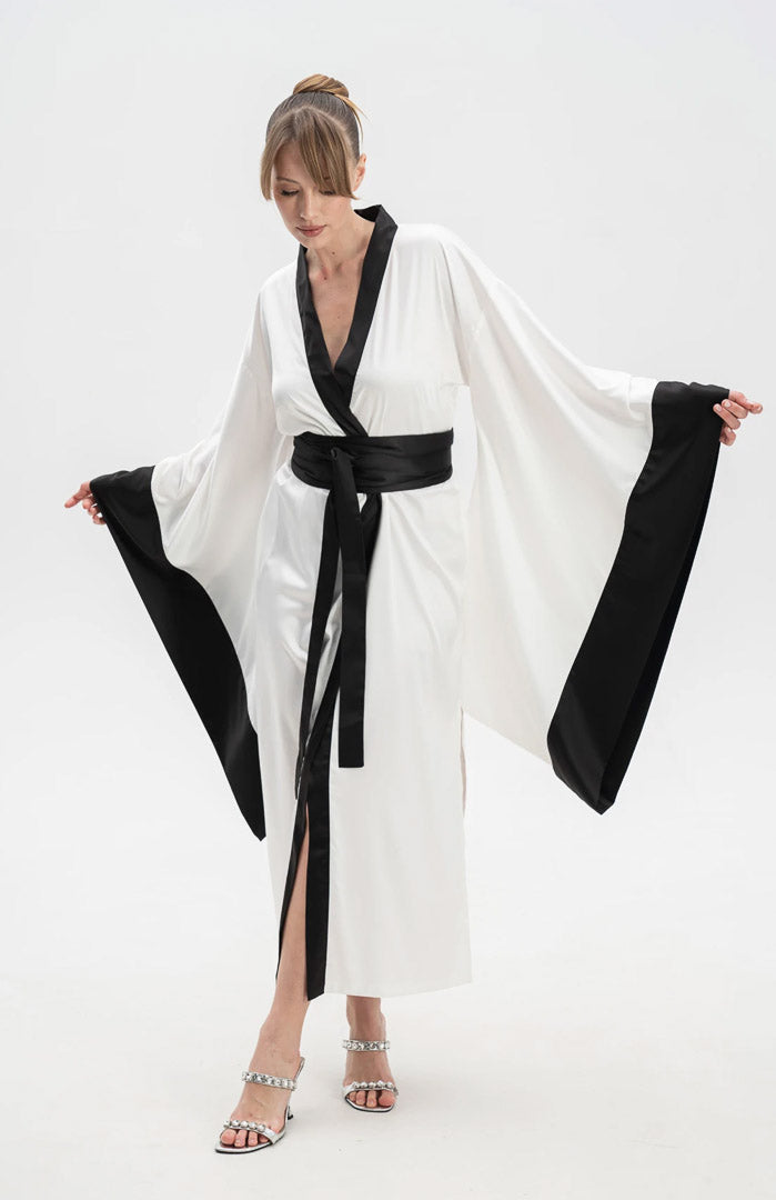 Midnight Serenity | White & Black Satin Kimono Robe with Flowing Sleeves