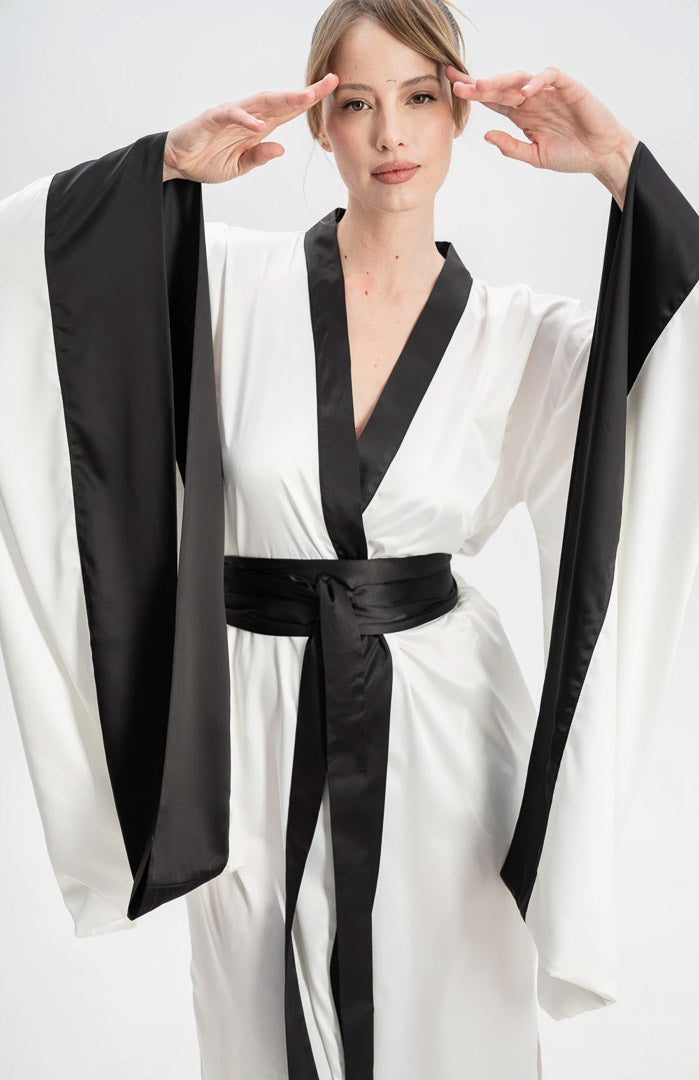 Midnight Serenity | White & Black Satin Kimono Robe with Flowing Sleeves