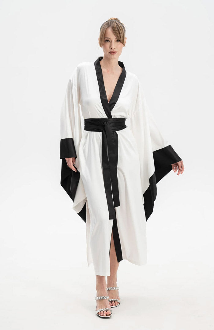 Midnight Serenity | White & Black Satin Kimono Robe with Flowing Sleeves