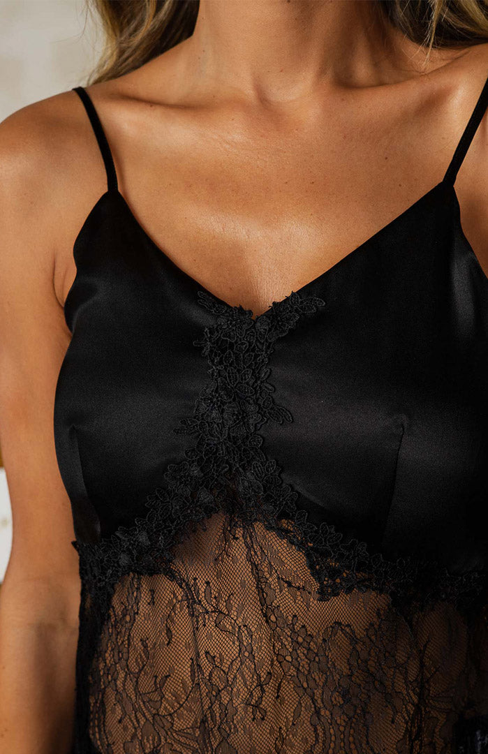 Dark Seduction | Black Satin Sheer Lace Nightwear Set