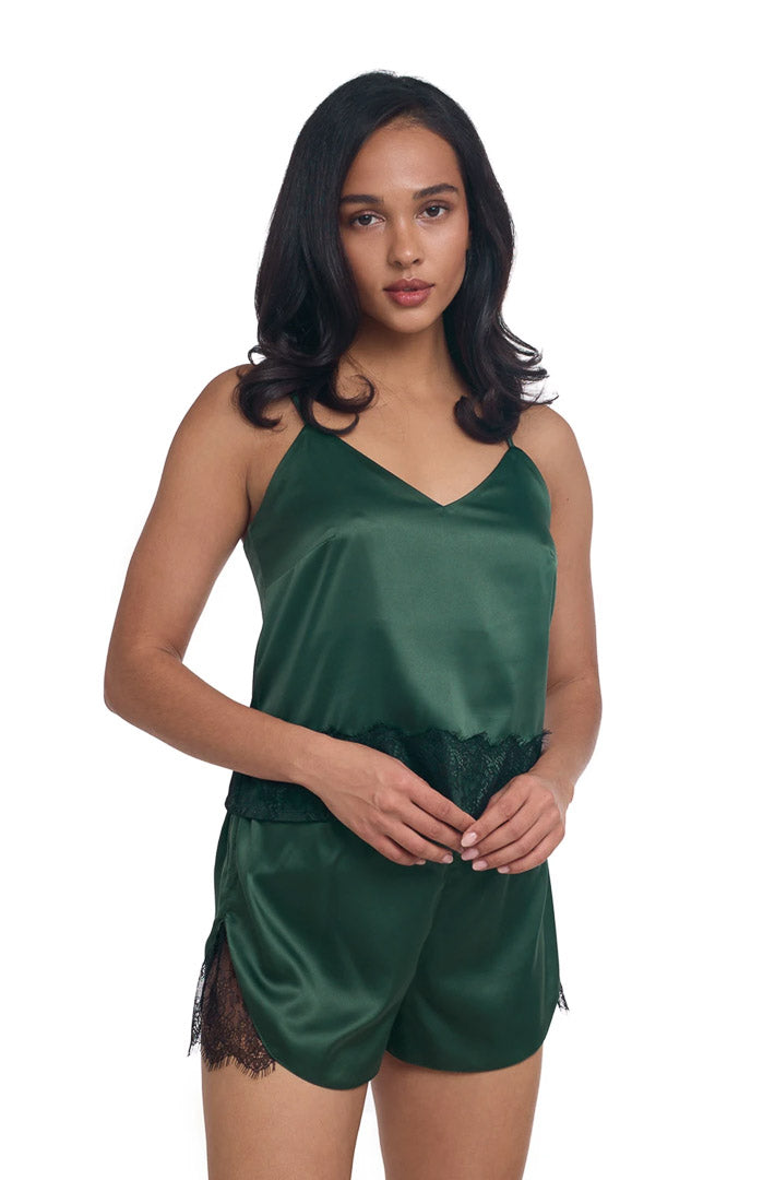 Emerald Allure | Green Satin Lace Nightwear Set
