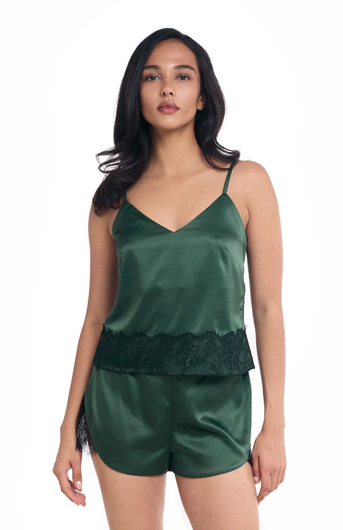 Emerald Allure | Green Satin Lace Nightwear Set