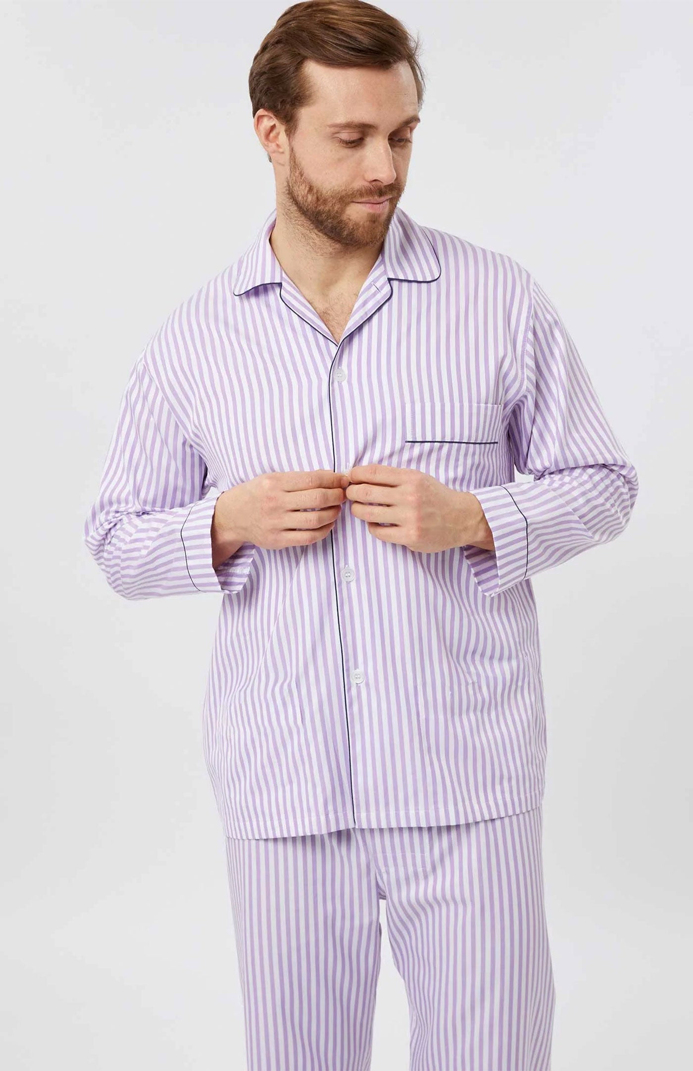 Lavender Stripes Cotton Lounge Wear Set for Men | Luxeliv