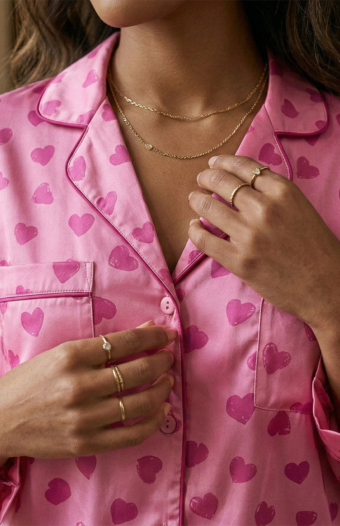 Love Story | Pink Hearts Printed Satin Loungewear