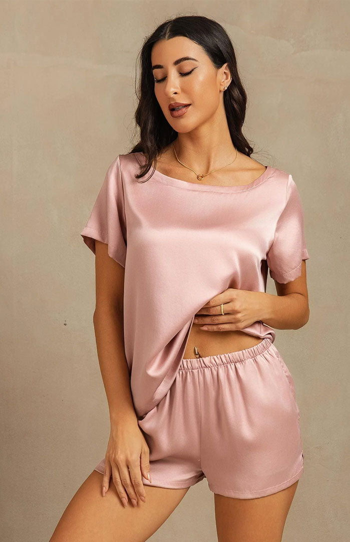 Blush Haven | Blush Pink Satin Tee & Shorts Set