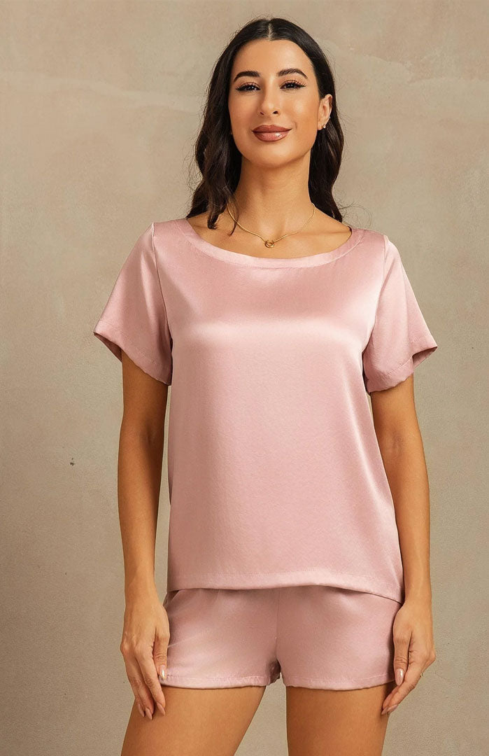 Blush Haven | Blush Pink Satin Tee & Shorts Set