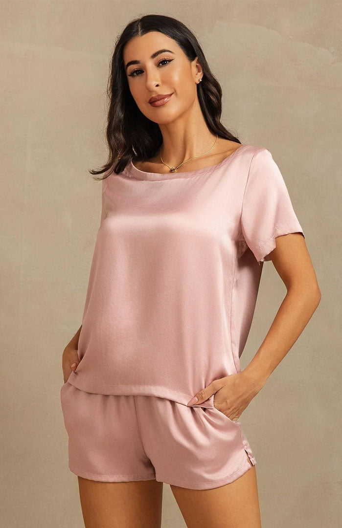 Blush Haven | Blush Pink Satin Tee & Shorts Set