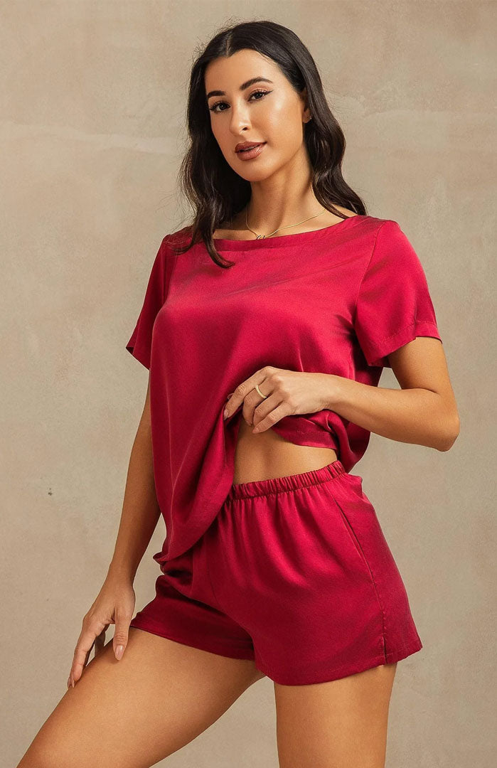 Crimson Muse | Red Satin Tee & Shorts Set