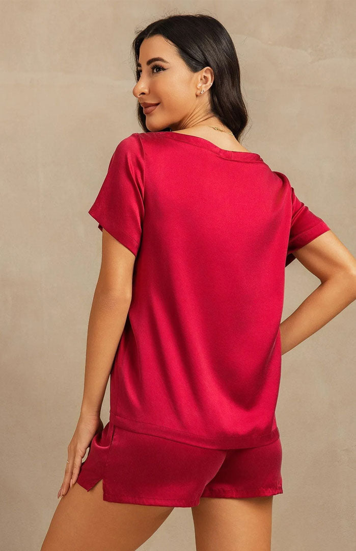 Crimson Muse | Red Satin Tee & Shorts Set
