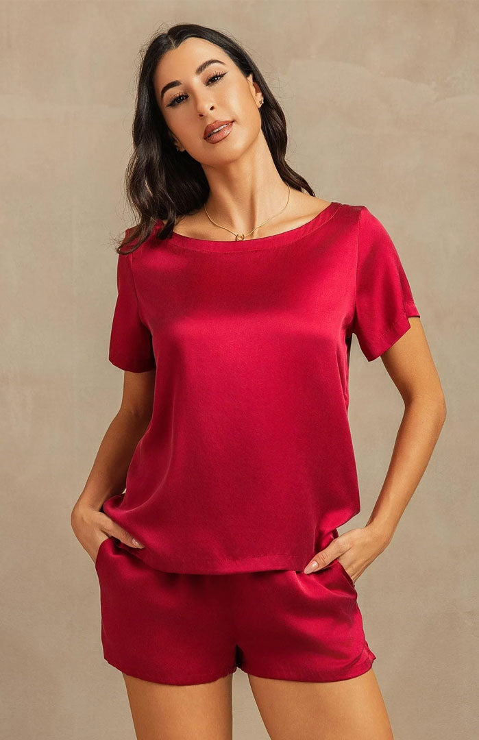Crimson Muse | Red Satin Tee & Shorts Set
